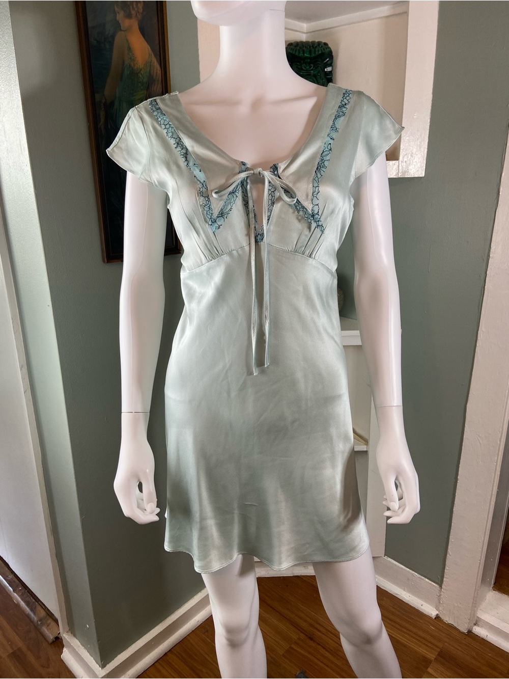 Dana Foley 100% Silk Mini Slip Dress Mint Green with Front Tie XSmall XS
